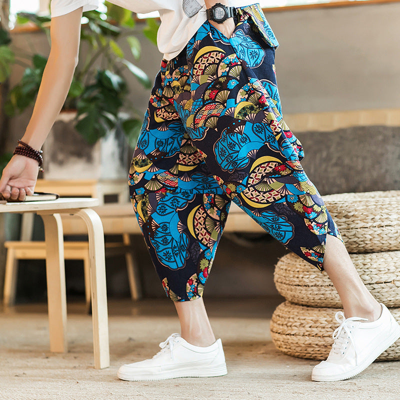 2023 summer Chinese style cotton and linen cropped pants men's ethnic style floral harem pants baggy pants large size beach pants