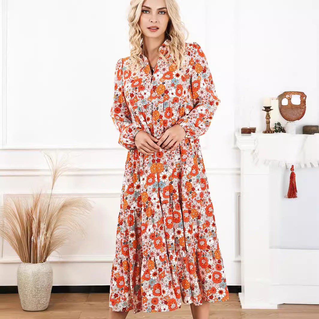 2024 Amazon New Casual Loose Bohemian Floral Dress Long Sleeve Puff Sleeve V Neck Ruffle