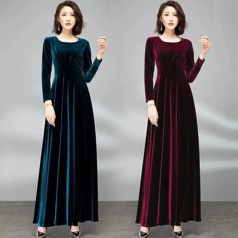 609#Real shot Good quality noble lady autumn and winter gold velvet dress waist long skirt manufacturer wholesale