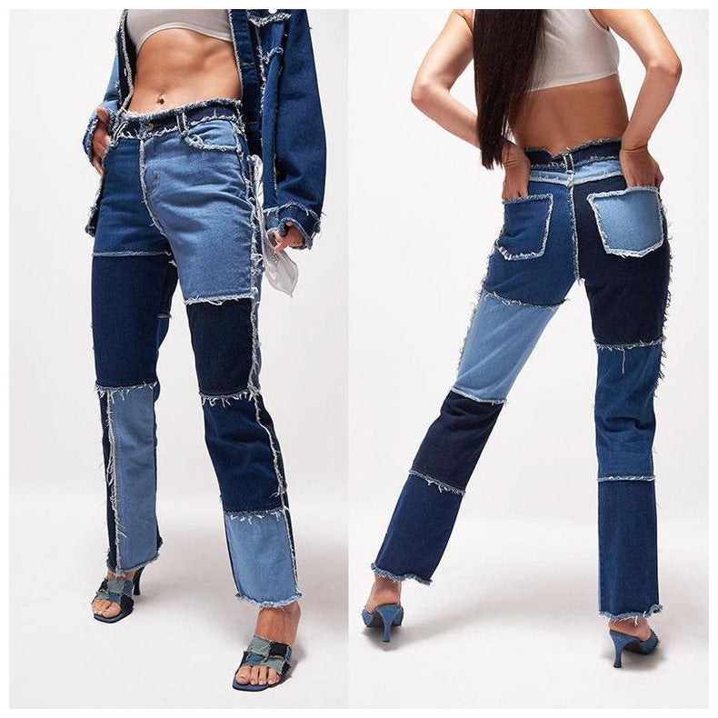 2020 hot-selling cross-border Amazon wish AliExpress eBay high elastic stitching raw edge women's straight-leg jeans