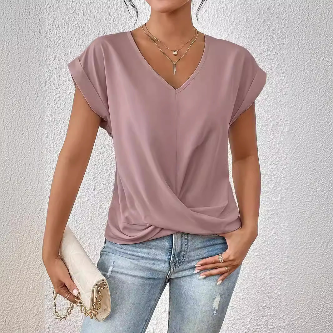 2024 Amazon cross-border hot-selling solid color V-neck T-shirt elegant short-sleeved top spring and summer women's clothing Amazon cross-border