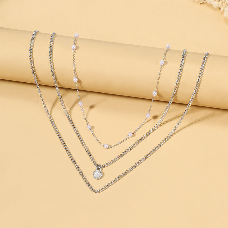 2023 new cross-border jewelry simple pearl clavicle chain women's fashion versatile alloy multi-layer necklace wholesale