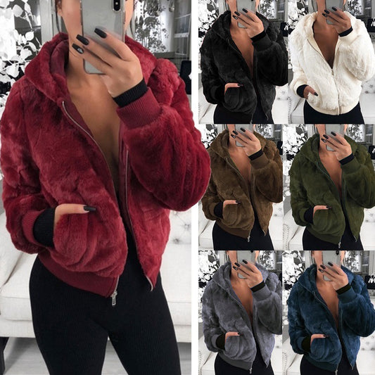 2023 foreign trade Amazon wish European and American autumn and winter hot-selling women's clothing hooded rabbit fur imitation fur plush coat for women