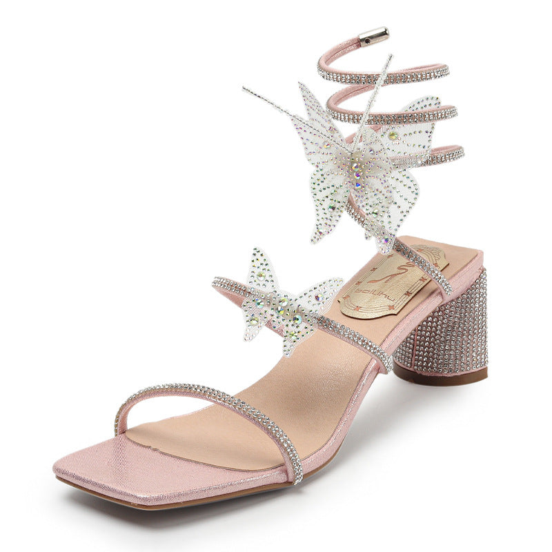 898-A5 sandals women 2021 new thick heel square head shiny winding fairy wind rhinestone butterfly Roman sandals