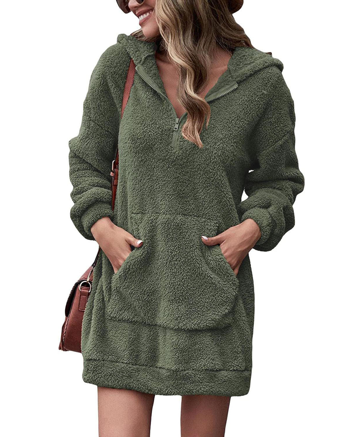 2022 new European and American cross-border autumn and winter women's clothing double-sided fleece hooded loose zipper plush pocket sweater jacket