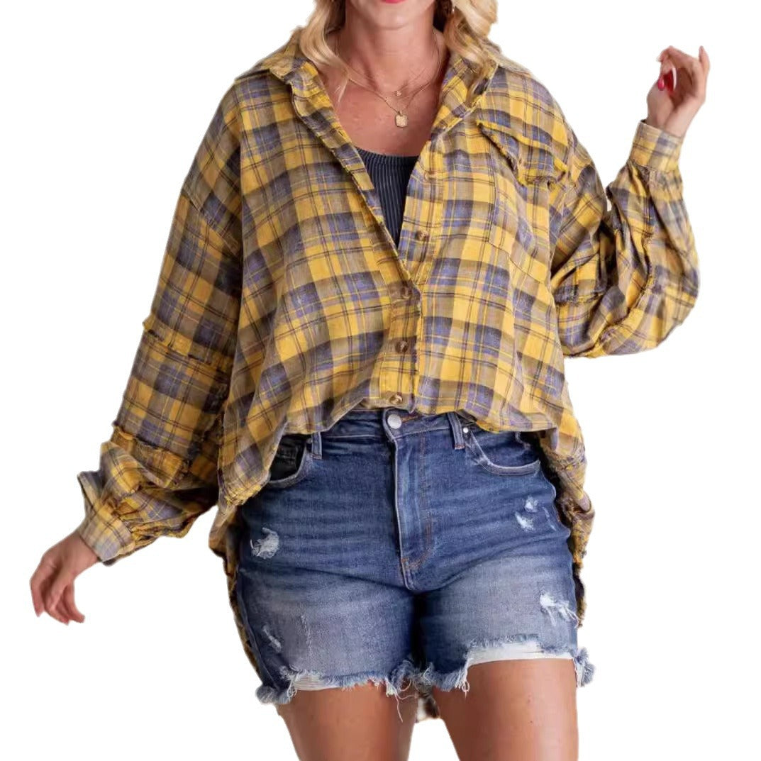 2024 Cross-border European and American foreign trade women's clothing autumn and winter new Amazon raw edge lantern sleeve loose button plaid shirt