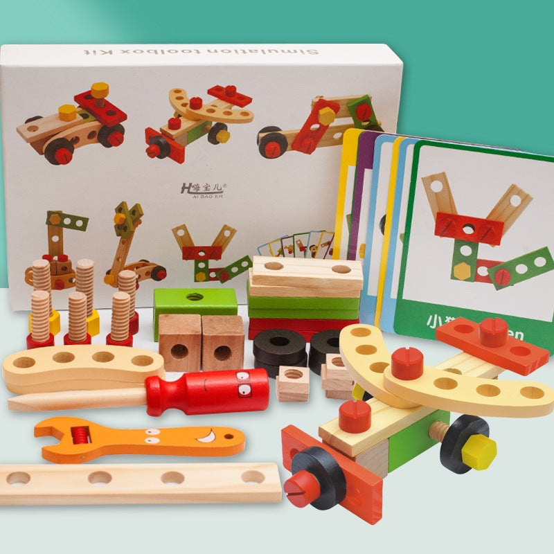 Wooden cartoon multifunctional tool box for children's educational DIY simulation disassembly and assembly of nuts intelligence combination