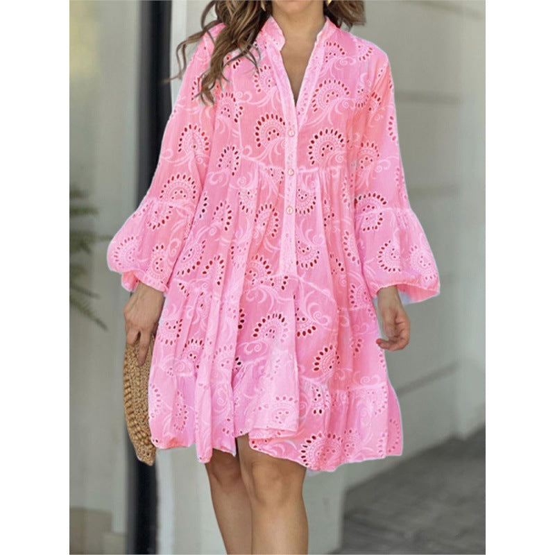 2023 European and American cross-border spring and summer Amazon solid color V-neck loose embroidered hollow lace flower sexy dress