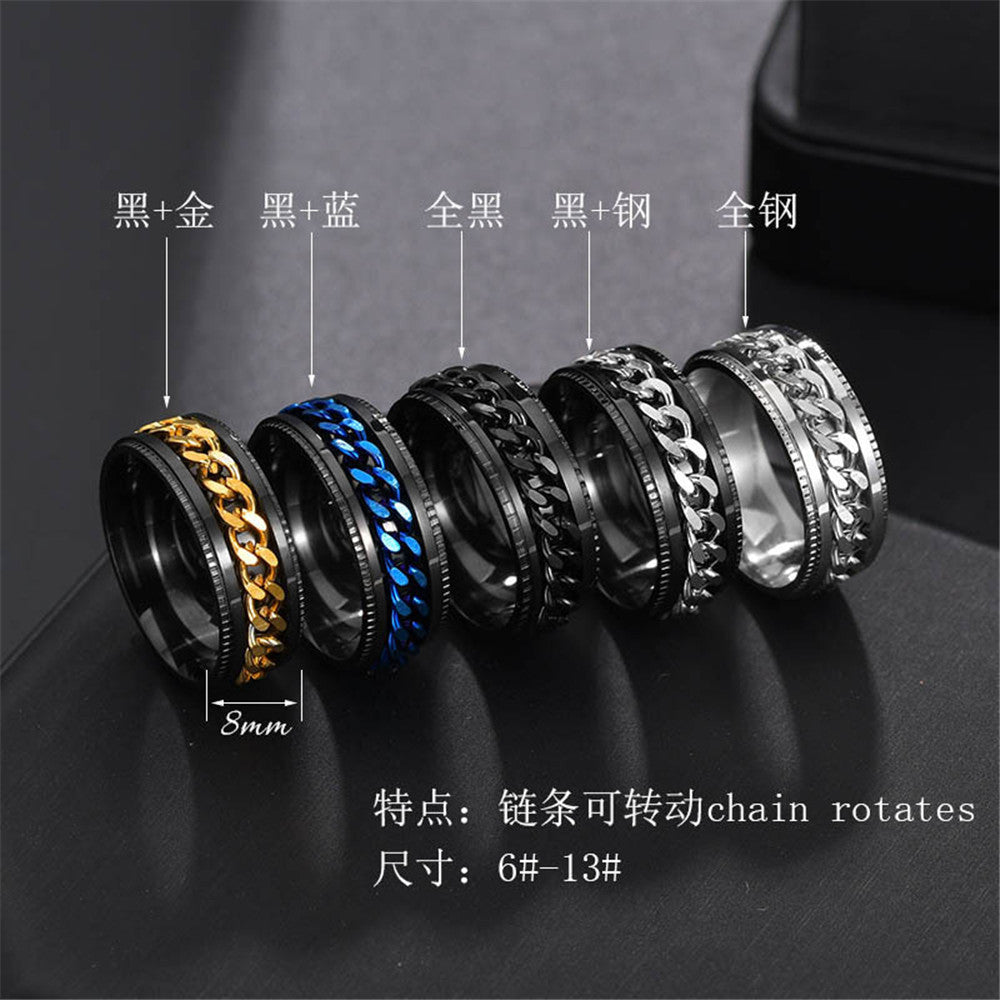 [Small wholesale] Cross-border hot-selling stainless steel embossed rotating chain ring simple and fashionable titanium steel ring