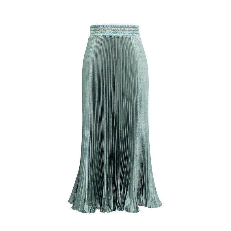 2021 New European and American foreign trade women's satin metallic luster pleated skirt long accordion skirt long skirt skirt