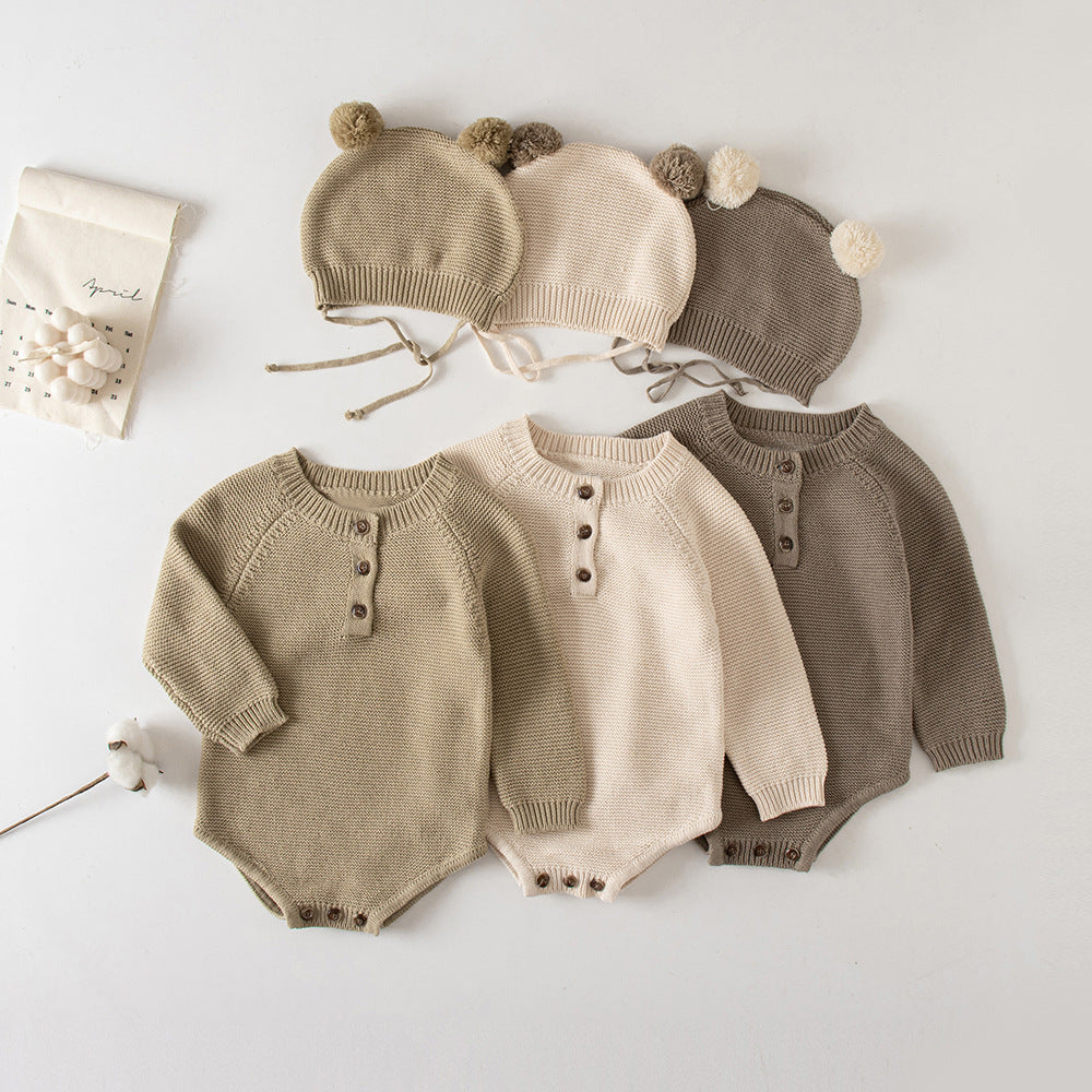 2021 Korean version of the newborn baby autumn knitted jumpsuit male and female baby cute hat bag fart crawling sweater