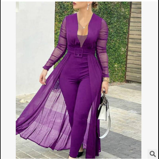 2023 new European and American women's culottes solid color deep V fashion lace stitching long-sleeved slim jumpsuit women's suit