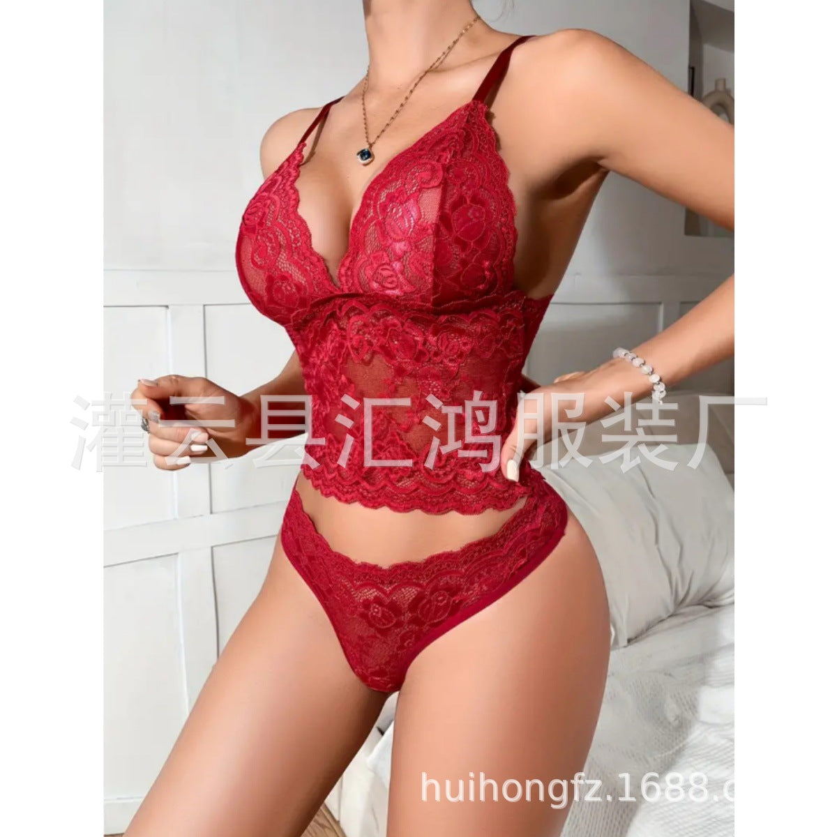 2024 European and American sexy women's erotic lingerie lace hollow adjustable suspenders two-piece pajamas