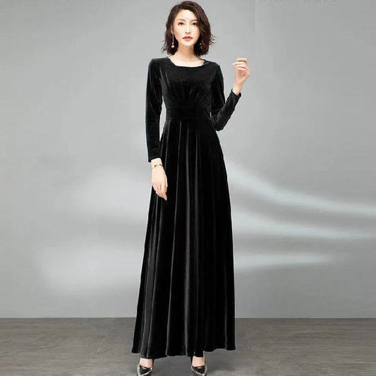 609#Real shot Good quality noble lady autumn and winter gold velvet dress waist long skirt manufacturer wholesale