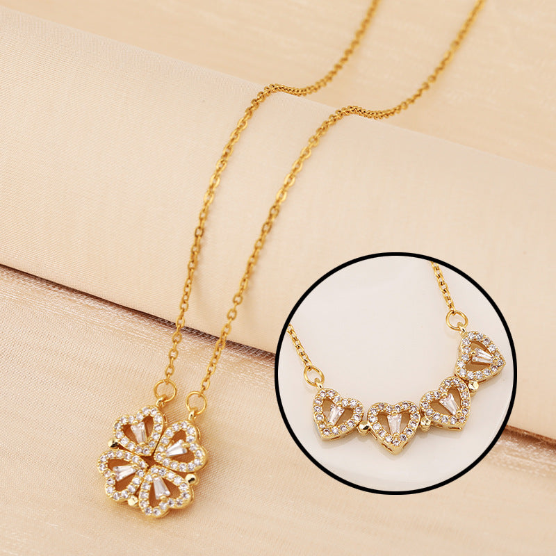 A new two-wear heart-to-heart female opening and closing four-leaf clover necklace fashion love folding creative collarbone chain wholesale