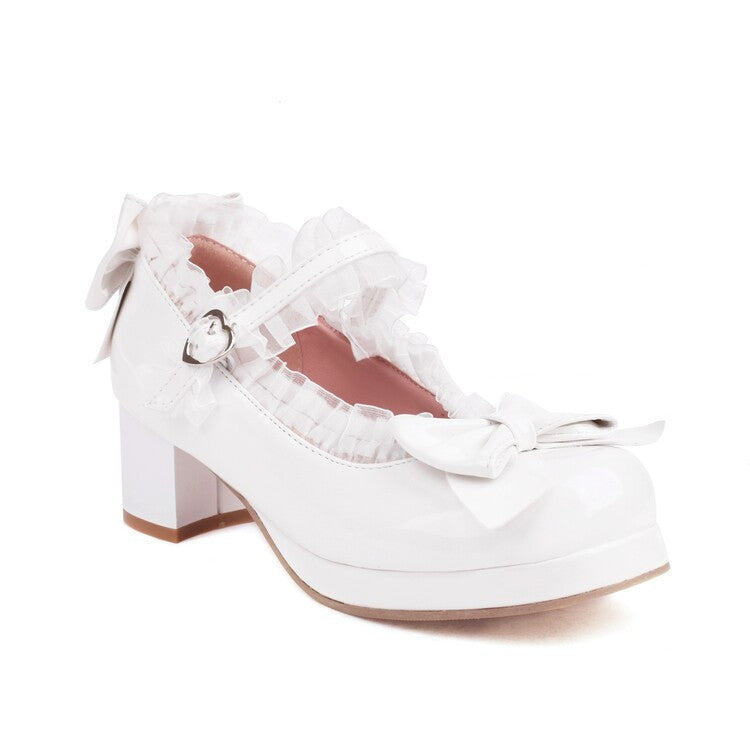 2023 new Lolita shallow mouth single shoes ruffled bow shiny leather mid-heel women's shoes size 3048