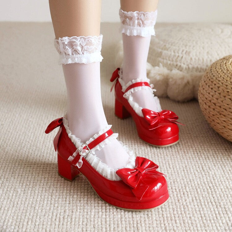 2023 new Lolita shallow mouth single shoes ruffled bow shiny leather mid-heel women's shoes size 3048