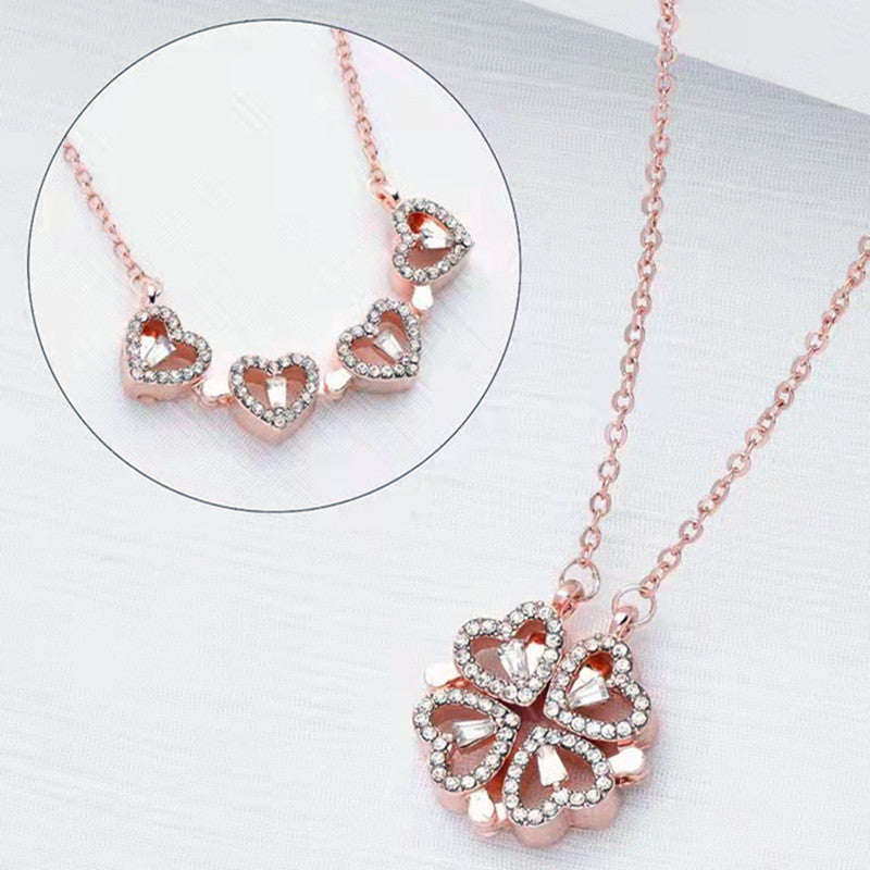 A two-wear deformed love four-leaf clover necklace female opening and closing fashion heart-to-heart folding creative clavicle chain