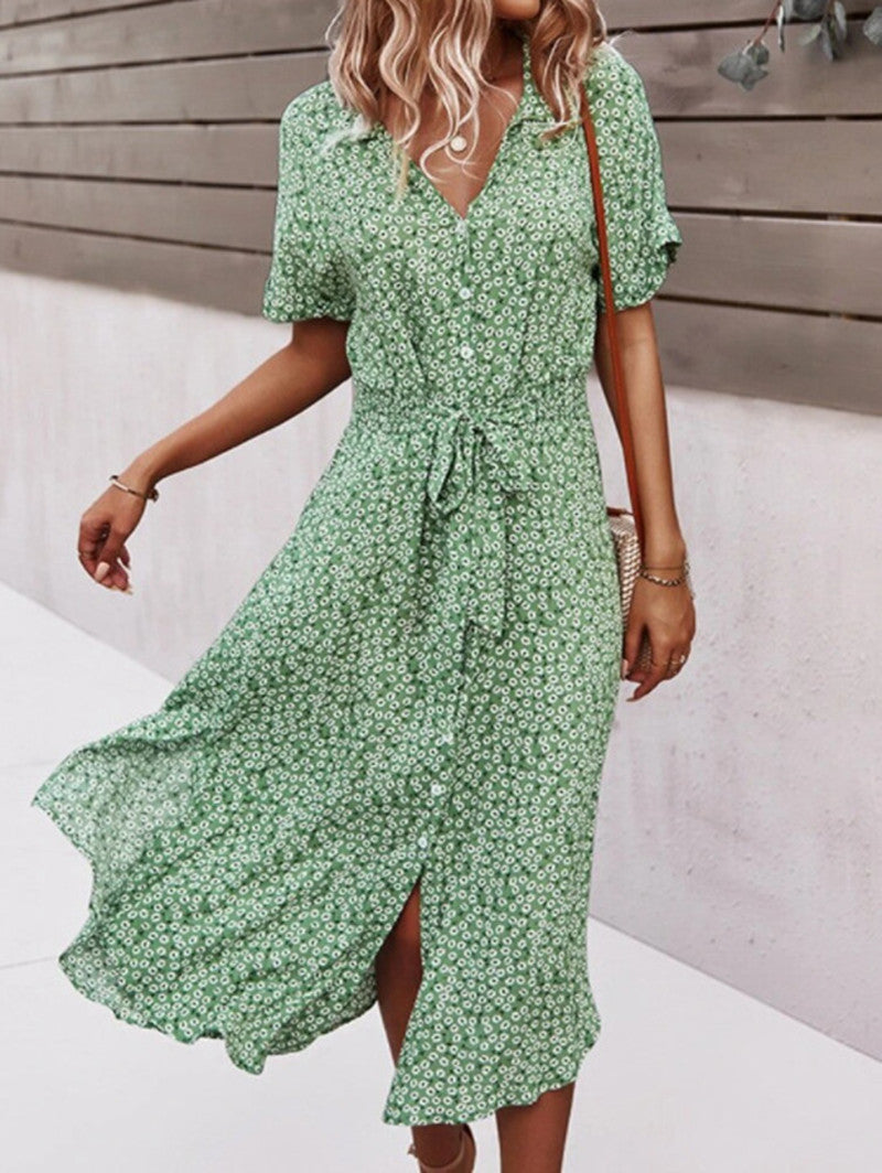 2022 Amazon Independent Station AliExpress Wish Casual Vacation Style Spring and Summer Swing Print Ribbon Dress