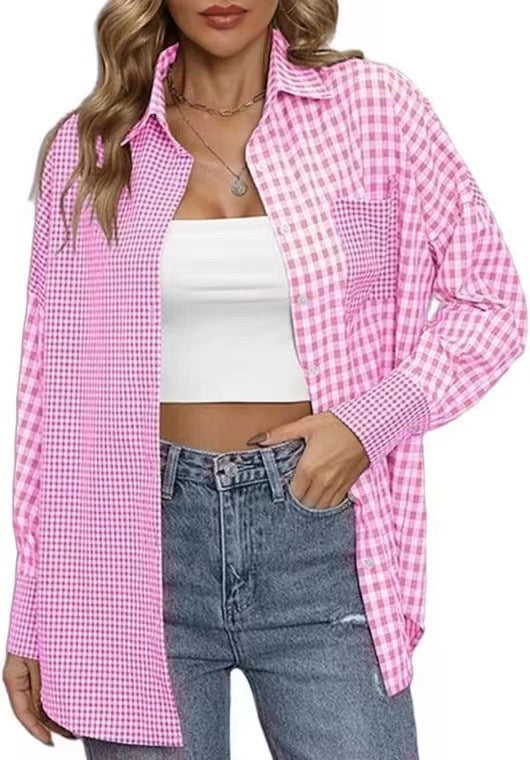 2023 Amazon women's spring and summer new cross-border European and American foreign trade ladies' fashion loose casual plaid shirt