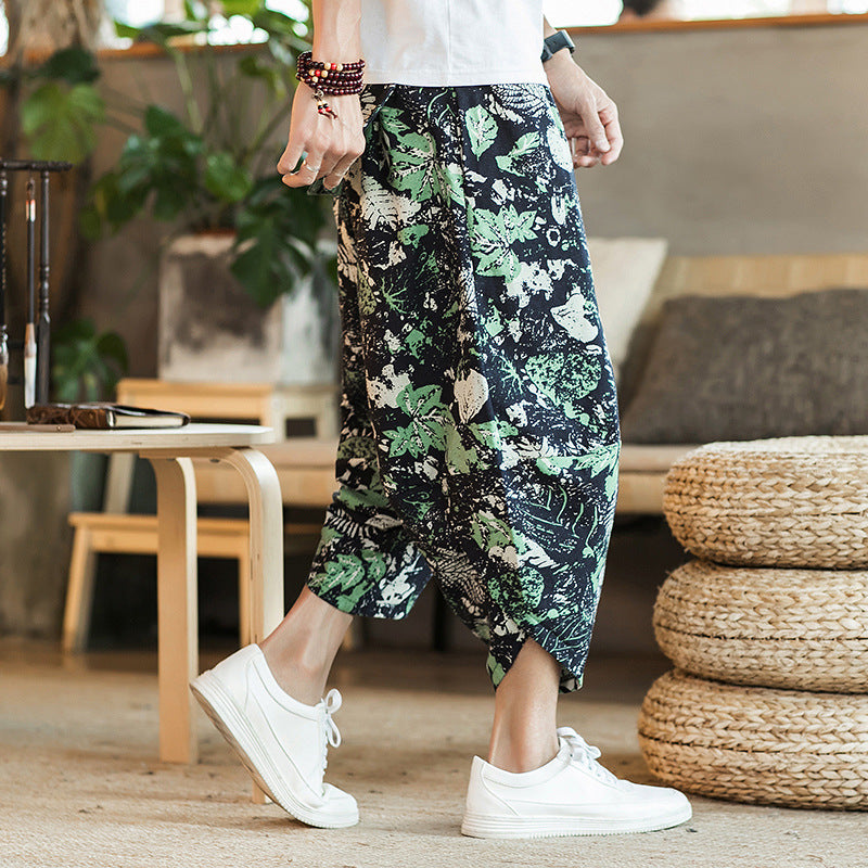 2023 summer Chinese style cotton and linen cropped pants men's ethnic style floral harem pants baggy pants large size beach pants