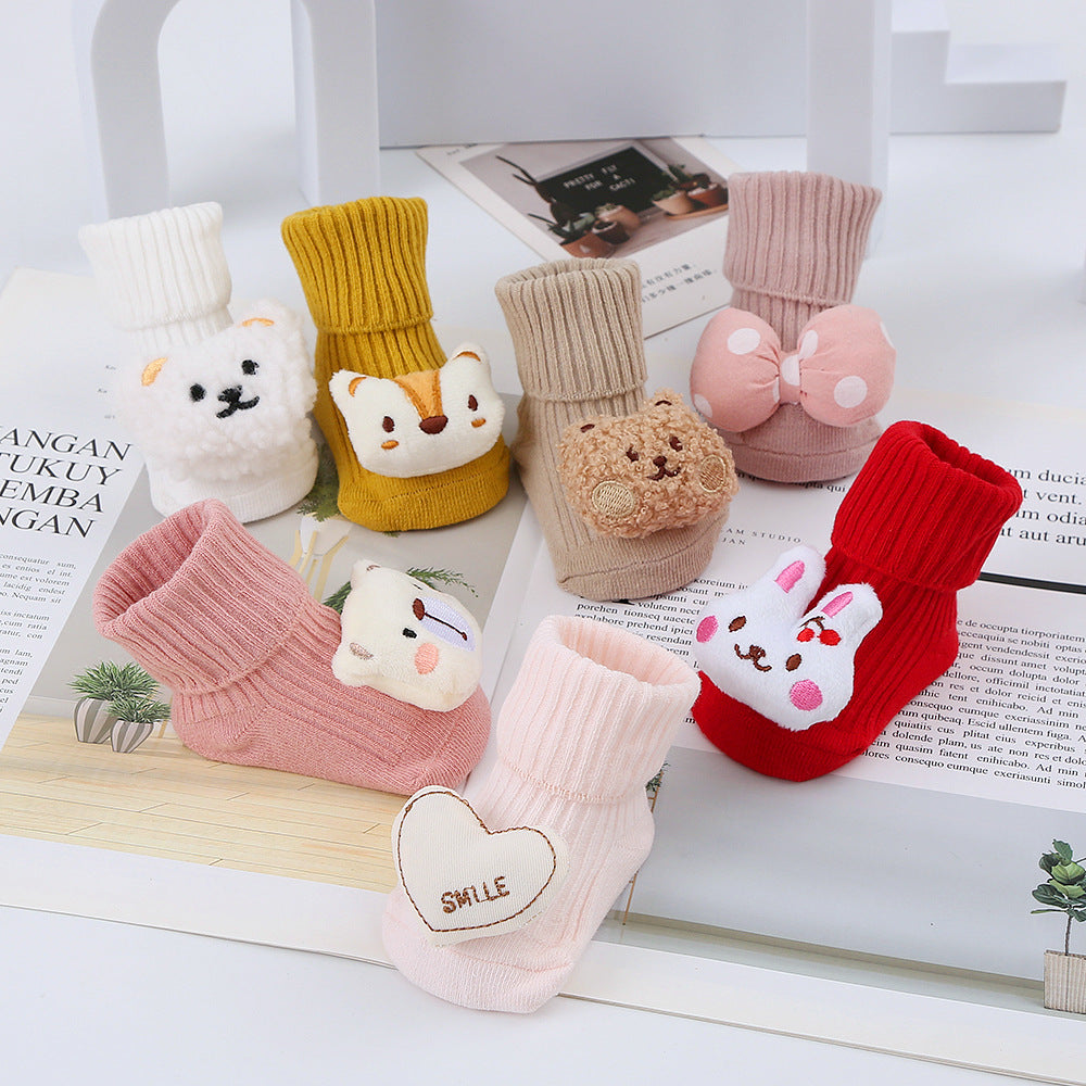 2023 new double needle cute cartoon doll socks baby mid-tube socks children's glue floor socks non-slip INS