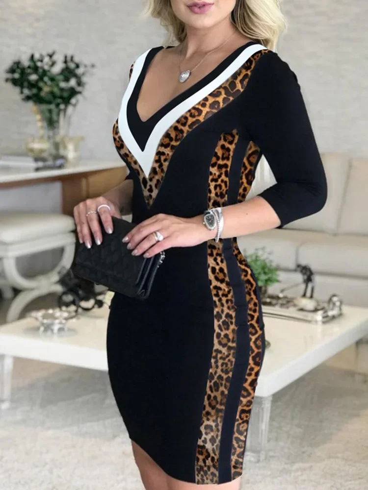 2022 Amazon European and American foreign trade new slim-fitting mid-sleeve V-neck chip splicing dress large quantity in stock