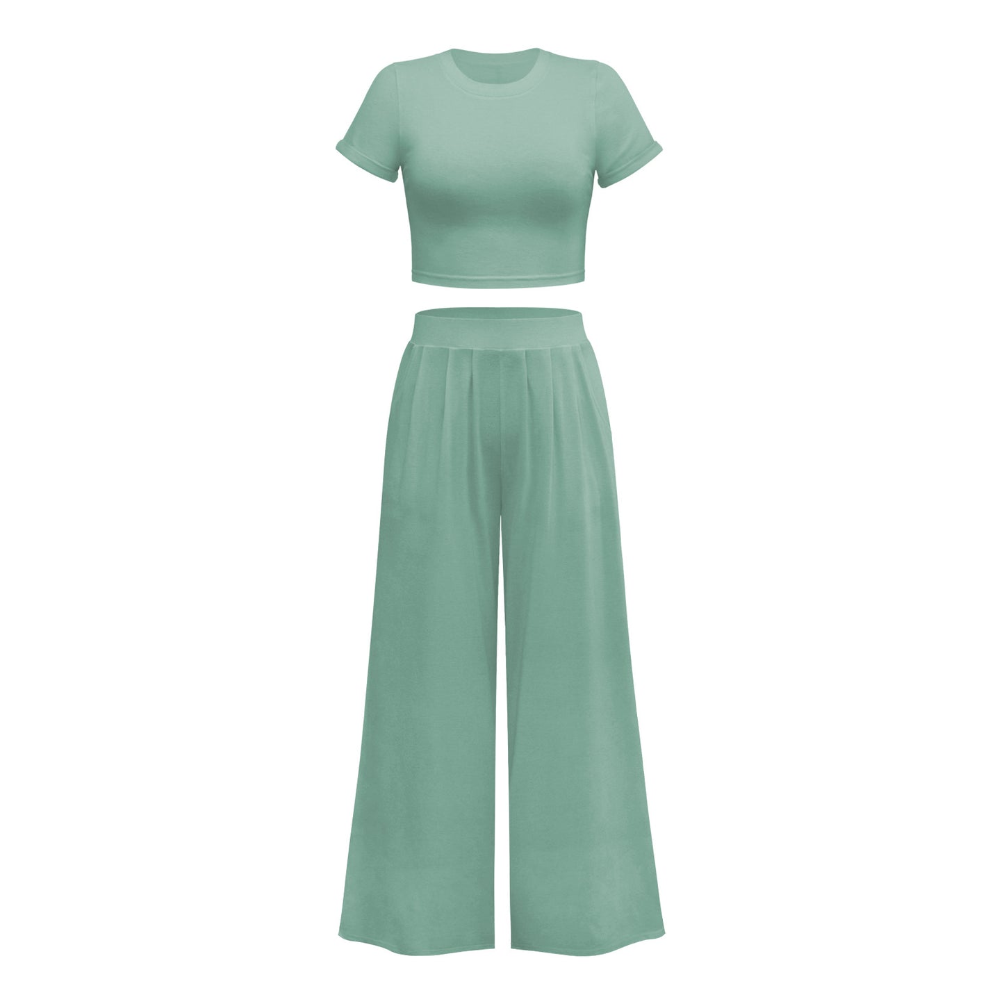 WISH's new solid color home commuting suit, short slim top, loose wide-legged draped trousers two-piece set