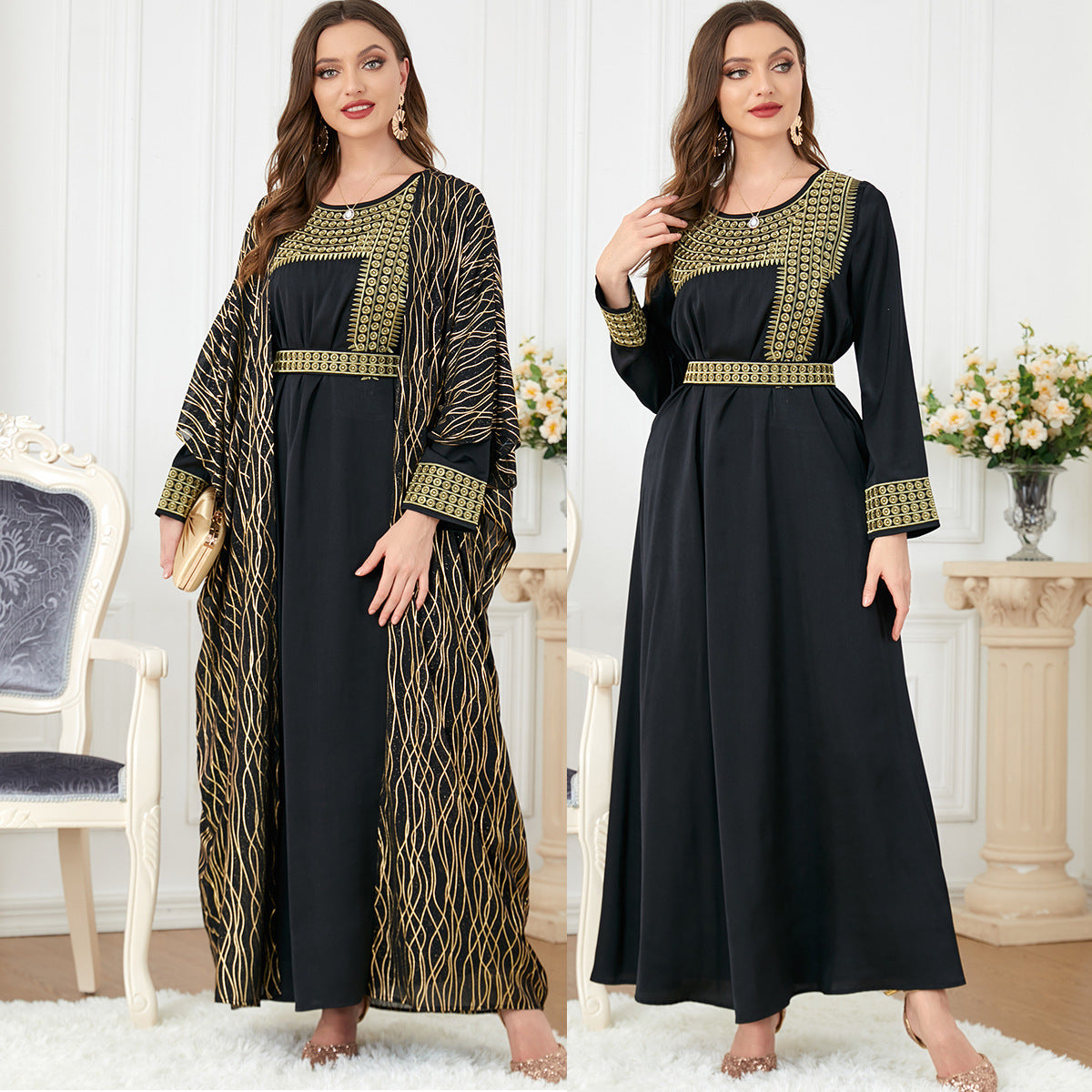 3241 Middle Eastern muslim abaya women's round neck embroidered hot stamping long-sleeved European and American foreign trade two-piece dress