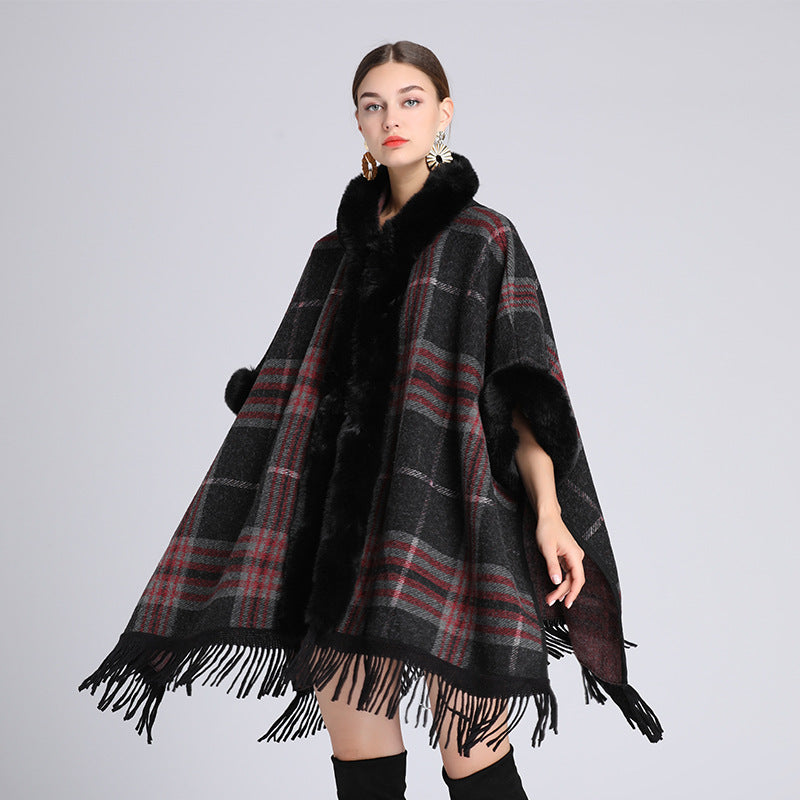 657#European and American autumn and winter new imitation rex rabbit fur collar hooded shawl cape ladies woolen coat large size cardigan