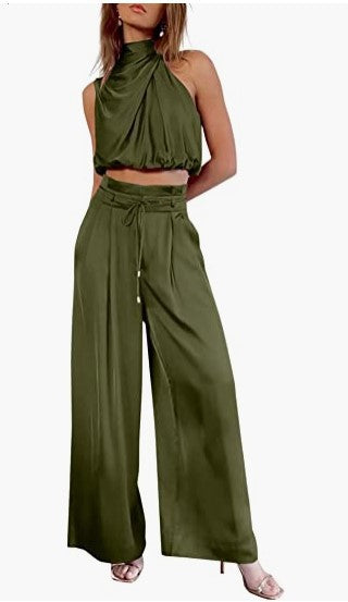 Women's 2-Piece Suit 2023 Summer Casual Sleeveless Collar Midriff-Baring Top Wide Leg Pants Suit