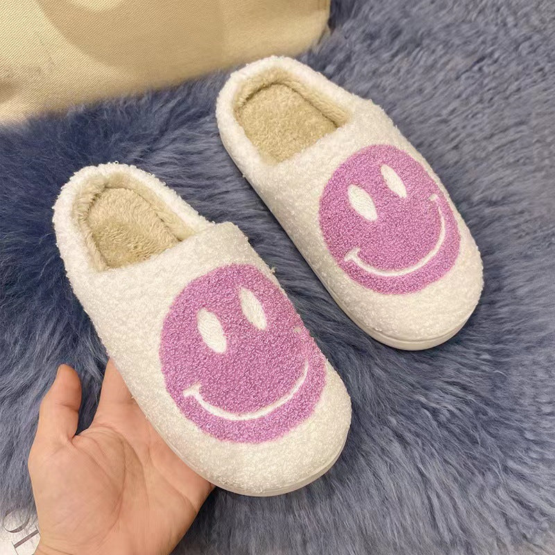 2021 New Cotton Slippers Women's Household Plush Warm Household Home Indoor Anti-slip Thick Bottom Smiley Face Hairy Autumn and Winter