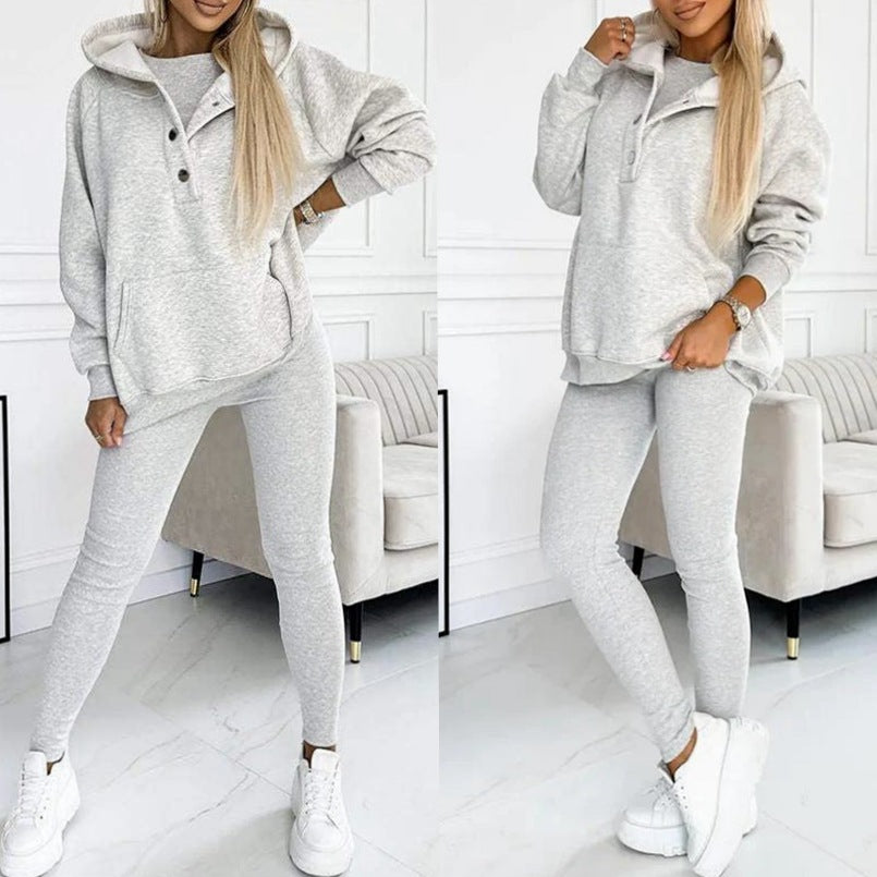 2024 Amazon cross-border women's sports casual hooded sweatshirt thickened threaded slim vest pants three-piece set