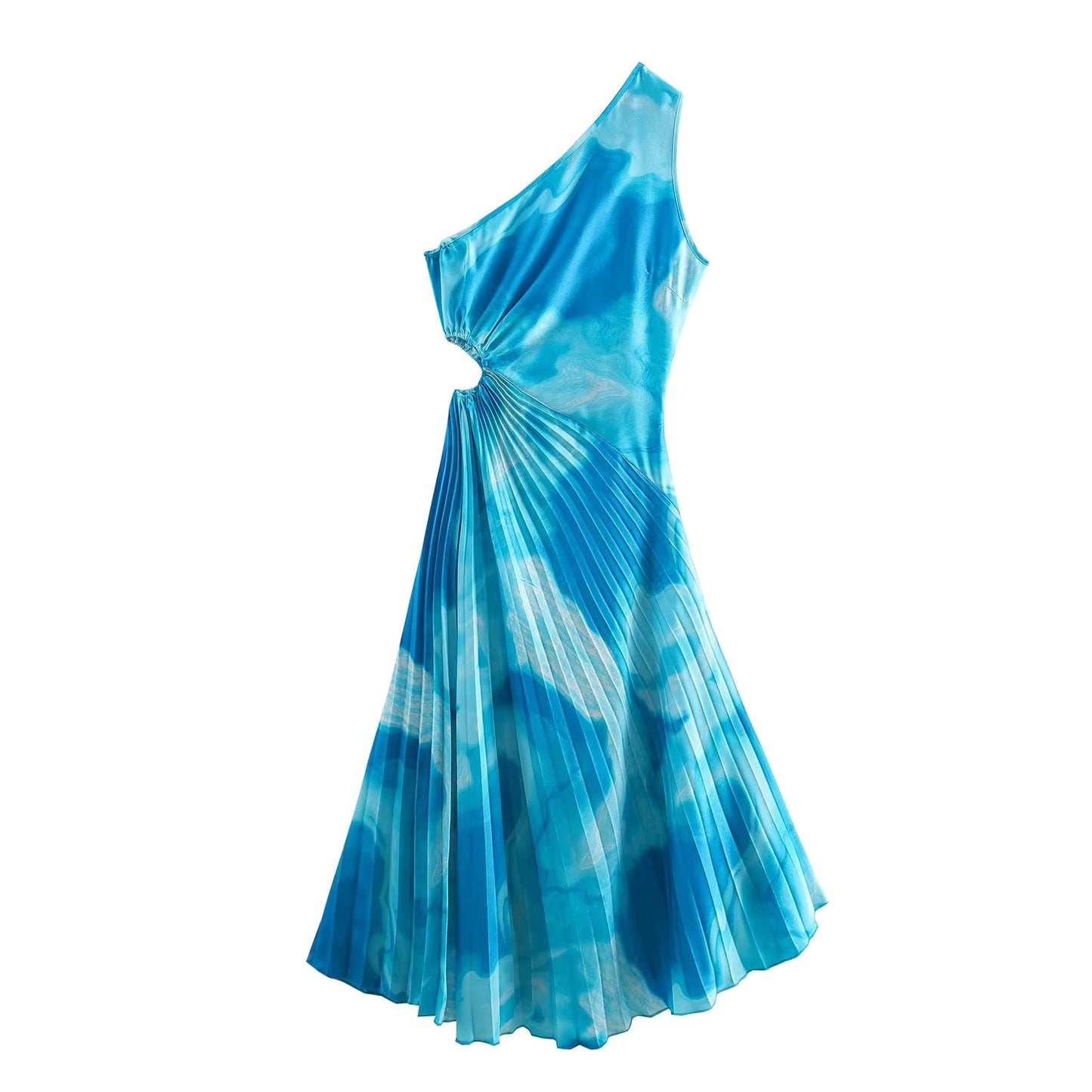 ZR foreign trade wholesale European and American style women's clothing French tie-dye irregular slanted shoulder pleated design slim dress