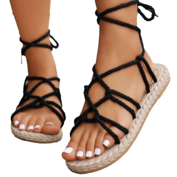 2024 summer new cross-border large size round head linen hemp braided flat bottom color matching casual strap Roman sandals in stock