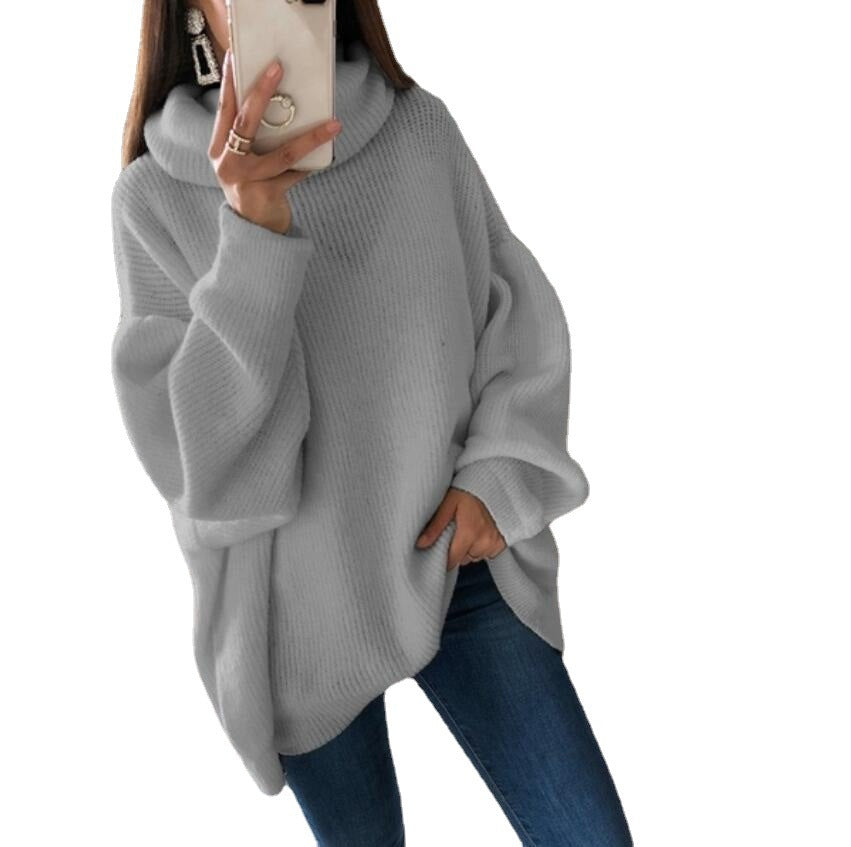 2023 European and American women's sweater Amazon solid color turtleneck sweater pile collar large size loose cross-border sweater women