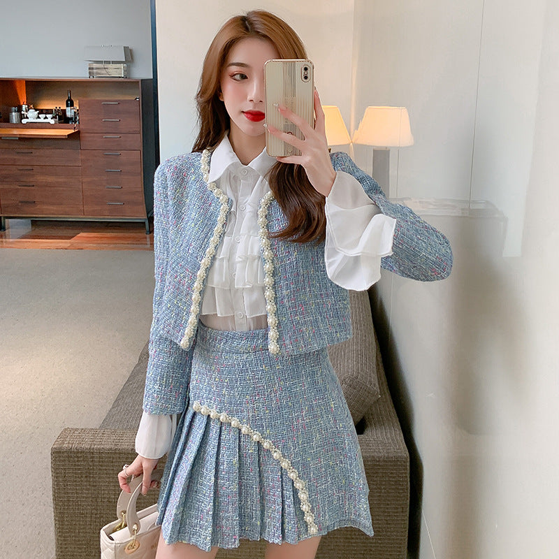 2022 Spring and Autumn New Style tweed coat + pleated high waist skirt + shirt three-piece set