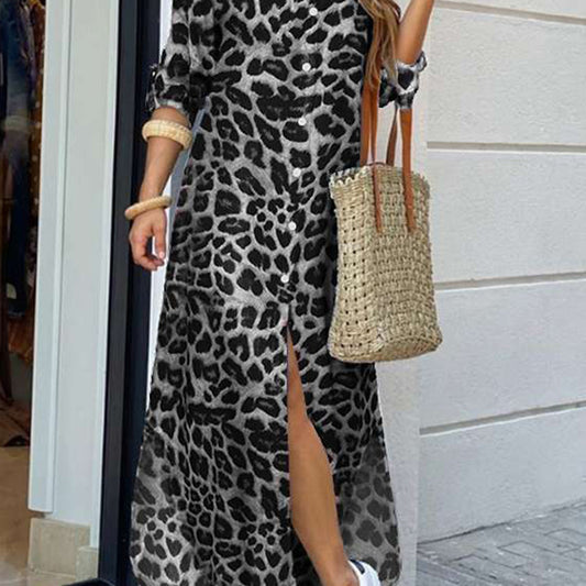 2023 Amazon wish early autumn cross-border new temperament V-neck single-breasted leopard print slit dress women