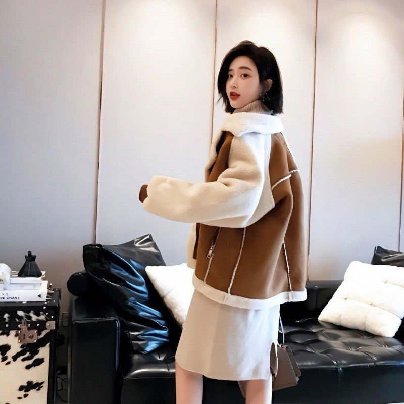 2024 new thick warm fur lambskin coat loose versatile deerskin top motorcycle clothing trend