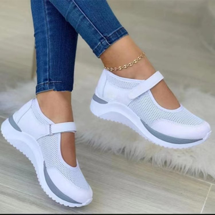 2022 European and American Summer Round Toe Knitting Velcro Thick Sole Single Shoes Women's Foreign Trade Large Size Independent Station Mesh Casual Women's Shoes