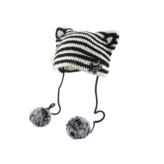 Winter handmade rabbit fur ball striped little devil knitted hat wholesale autumn and winter sweetheart cat ears woolen hat