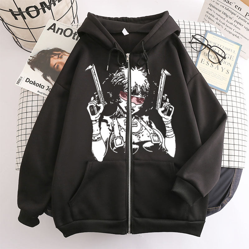 2022 new zipper sweater trendy big picture girl with a gun hooded sweater European and American jacket tops