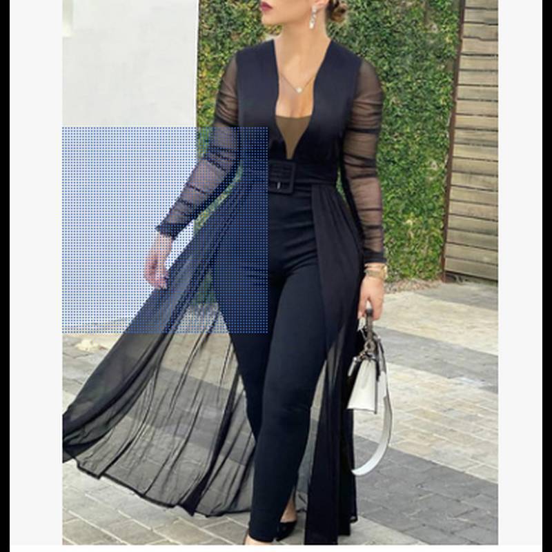 2023 new European and American women's culottes solid color deep V fashion lace stitching long-sleeved slim jumpsuit women's suit