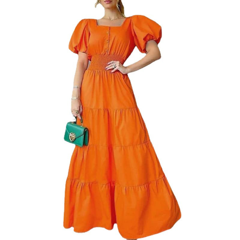 2022 Summer Ladies Dress Amazon Sundress Square Neck Puff Sleeve Maxi Dress Casual Beach Dress