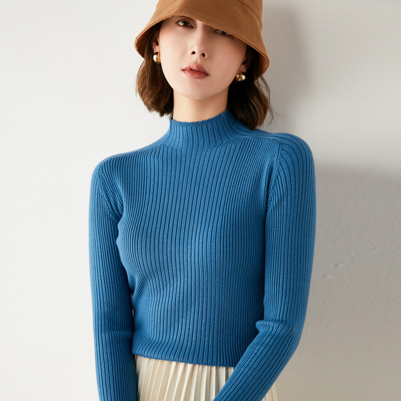 2024 autumn and winter knitted sweater half turtleneck drawstring slim wool bottoming sweater women's foreign trade one piece dropshipping