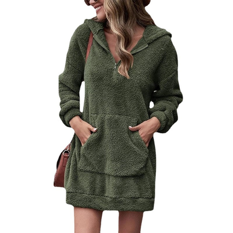 2023 new European and American cross-border autumn and winter women's clothing double-sided fleece hooded loose zipper plush pocket sweater jacket