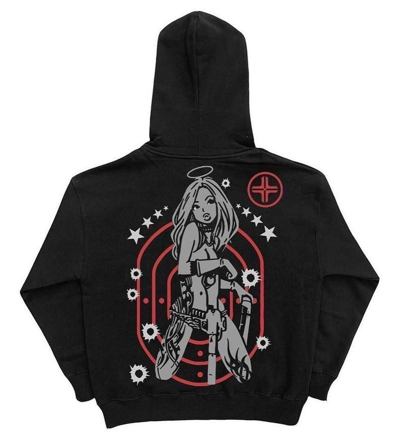 2024 New European and American Dark Sweatshirts Men's and Women's Hoodies Gothic Couple Harajuku Gun Girl Printed Zipper