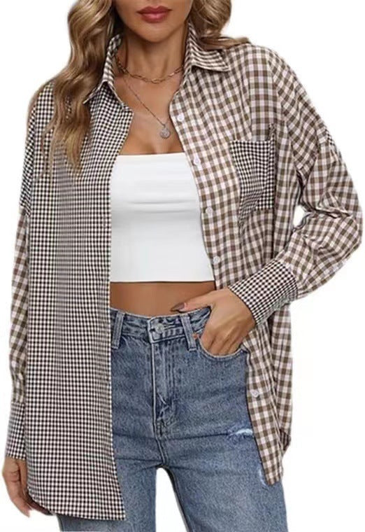 2023 Amazon women's spring and summer new cross-border European and American foreign trade ladies' fashion loose casual plaid shirt