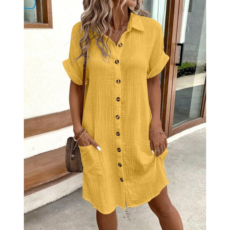 2024 AliExpress Wish Amazon Hot Sale Summer Simple V-neck Button Cotton and Linen Dress Women's Shirt Dress