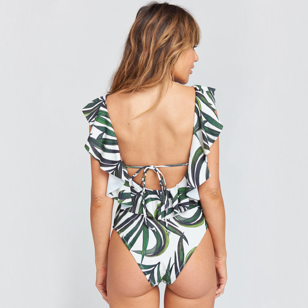 2024 European and American AliExpress one-piece swimsuit V-neck printed backless ruffled swimsuit cross-border foreign trade swimsuit